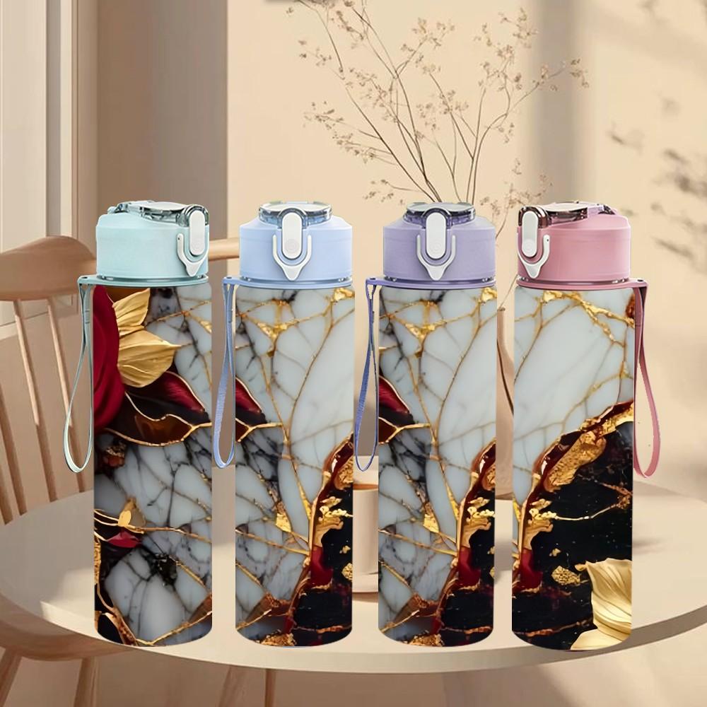 1PC Red Black Gold Marble Pattern 750ml Color Plastic Sports Water Bottle Leakproof Flip Straw Lid Suitable for Sports Office Home Use