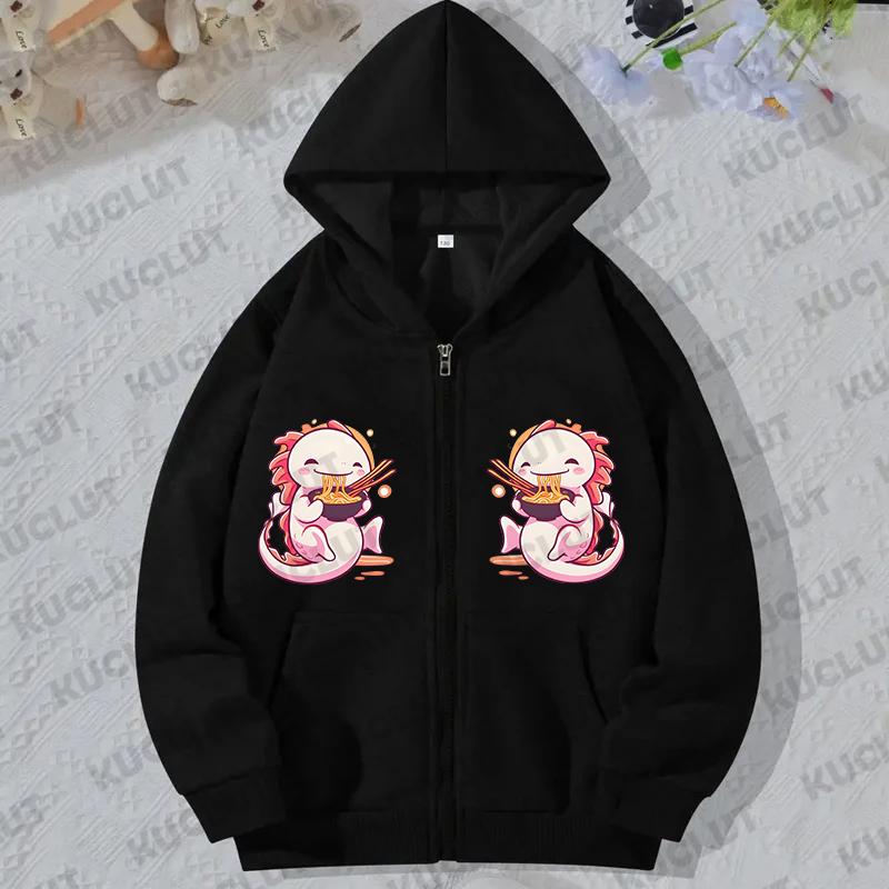 Women Zip Up Hoodies Axolotl Eating Ramen Print Hoodies Long Sleeve Hooded Sweatshirt Harajuku Streetwear Lazy Style Jacket Coat