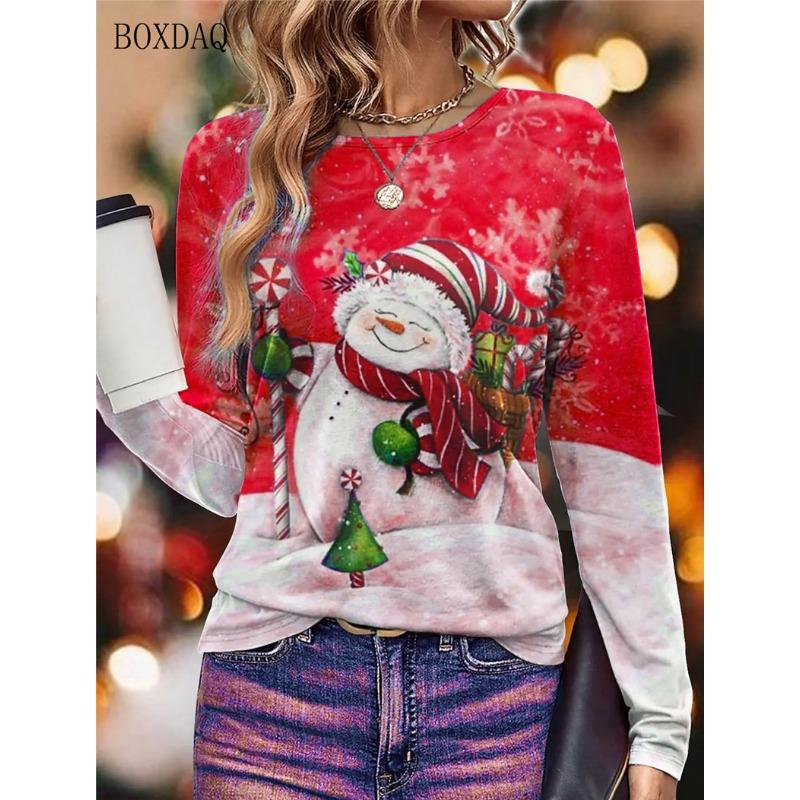 Long Sleeve Christmas Snowman Pattern Women T-Shirts Autumn Winter 3d Print