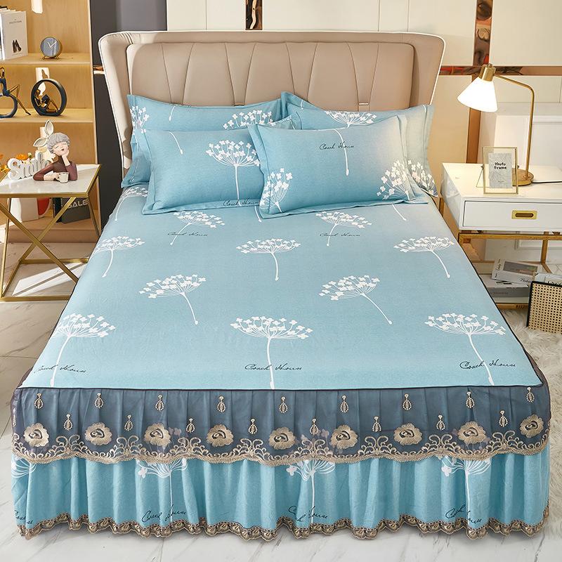 

Pure Cotton Single-piece Bed Skirt and Bed Cover Three-piece Set Lace Thickened Brushed Sheets Ruffled Pillowcases High-quality Bedding 120X200cm bed skirt (skirt height 45cm)