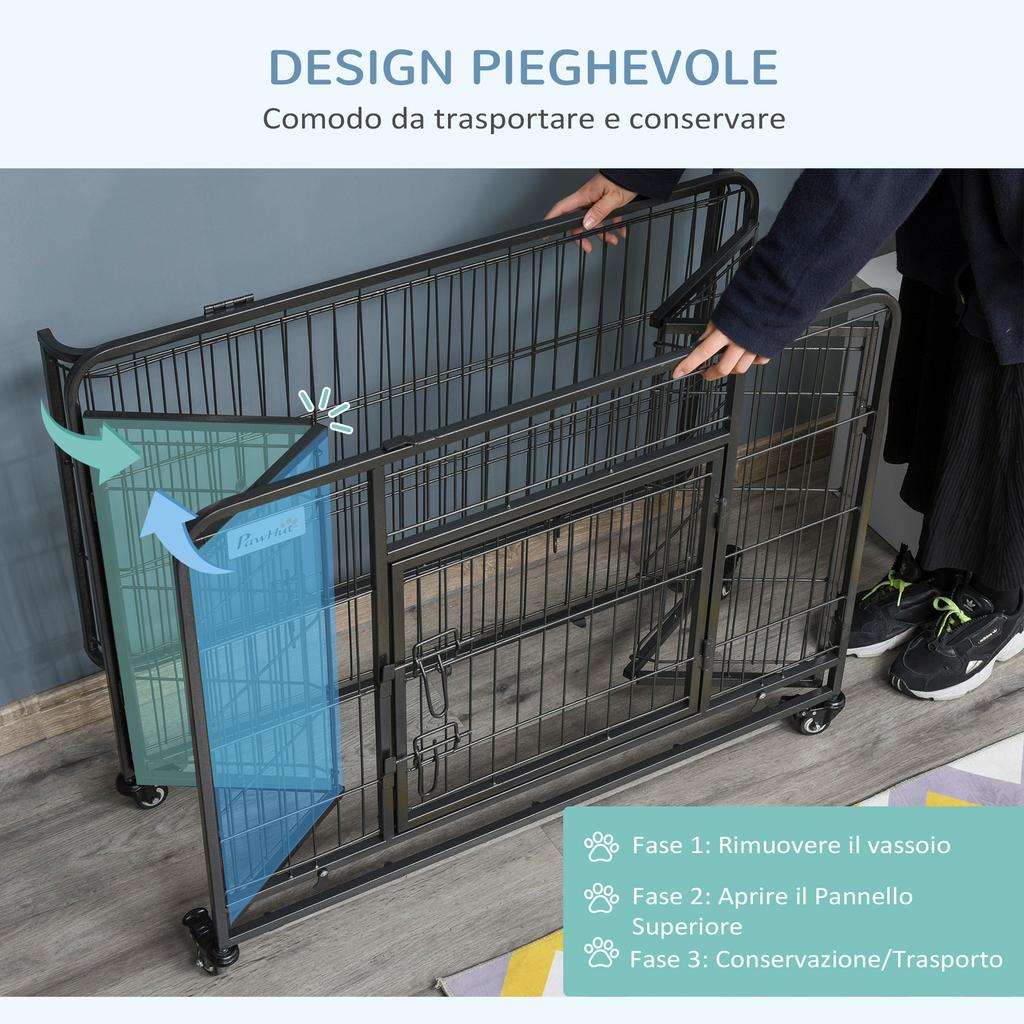 Folding Dog Kennel with Double Door and Lock, 4 Wheels with Brakes and Removable Bottom, 94x58x69.5 cm, Grey