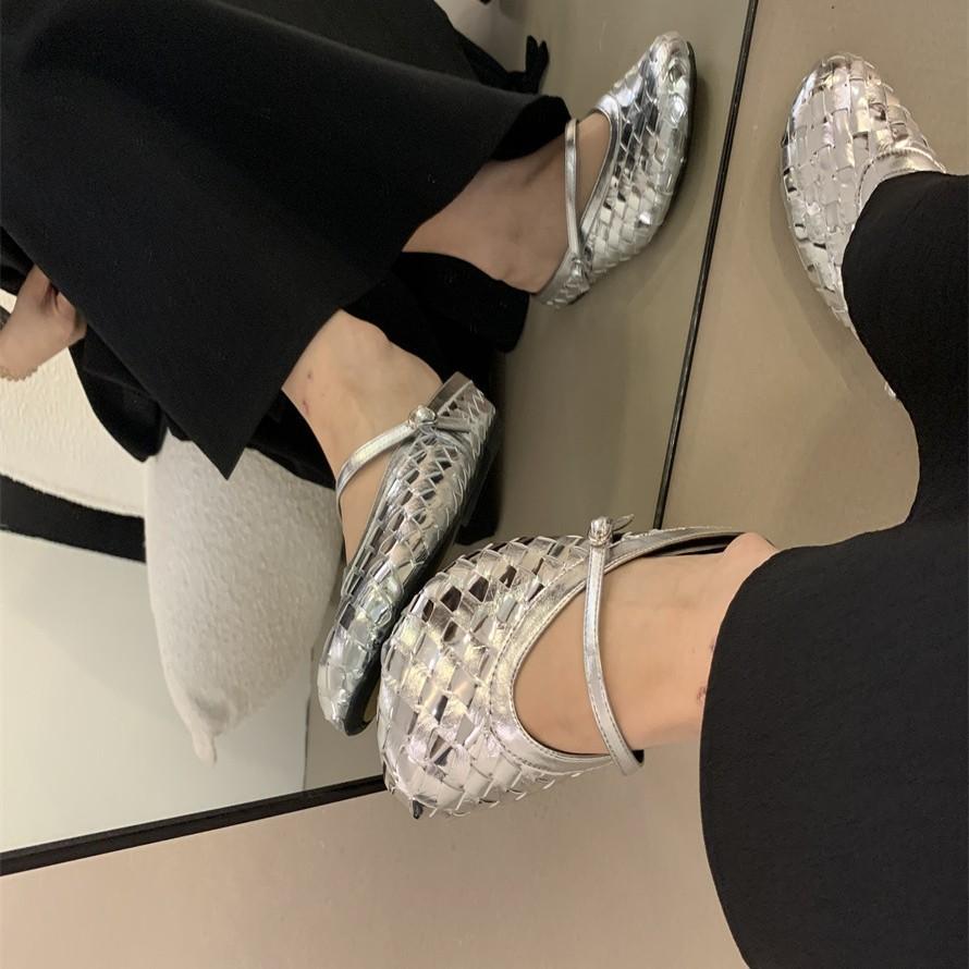 2025 Summer New Hand-woven Roman Shoes Square Head Shallow Mouth Soft Sole Word with Flat Bottom Mary Jane Single Shoes Women
