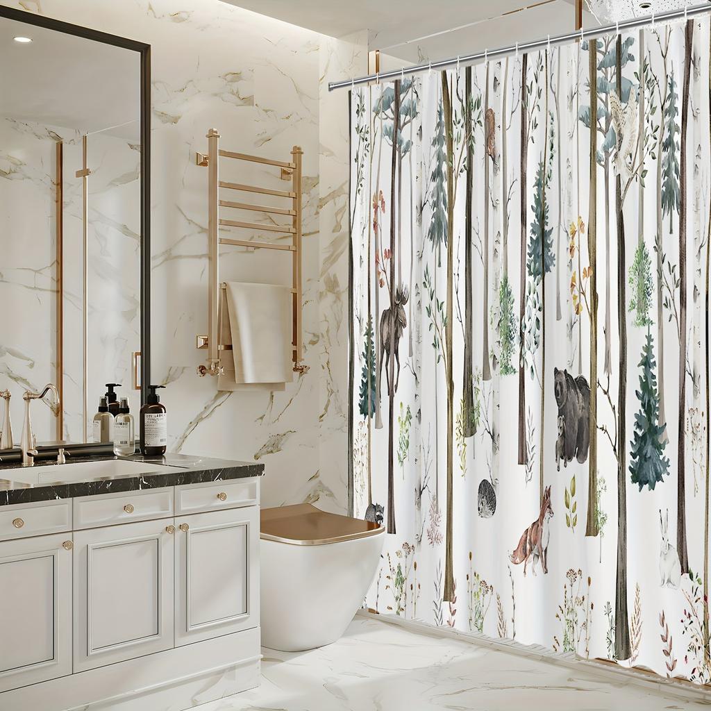 Forest Animal Scene Shower Curtain - Bear, Moose, Fox, Squirrel & Trees, Polyester Fabric, Autumn Snow Design, Bathroom Decor