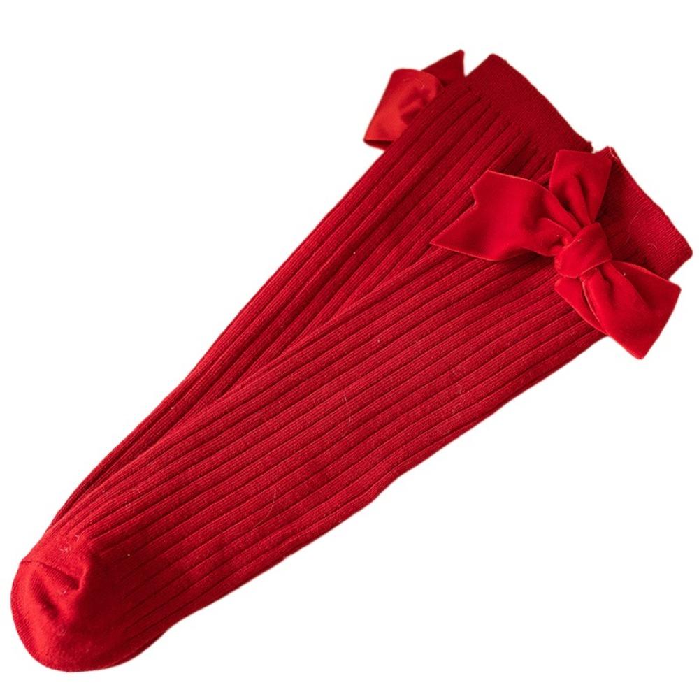 Sweet Dot Red Bowknot Stockings Stripe Grid Children Knee High Socks New Year Red Socks  New Year Style 1