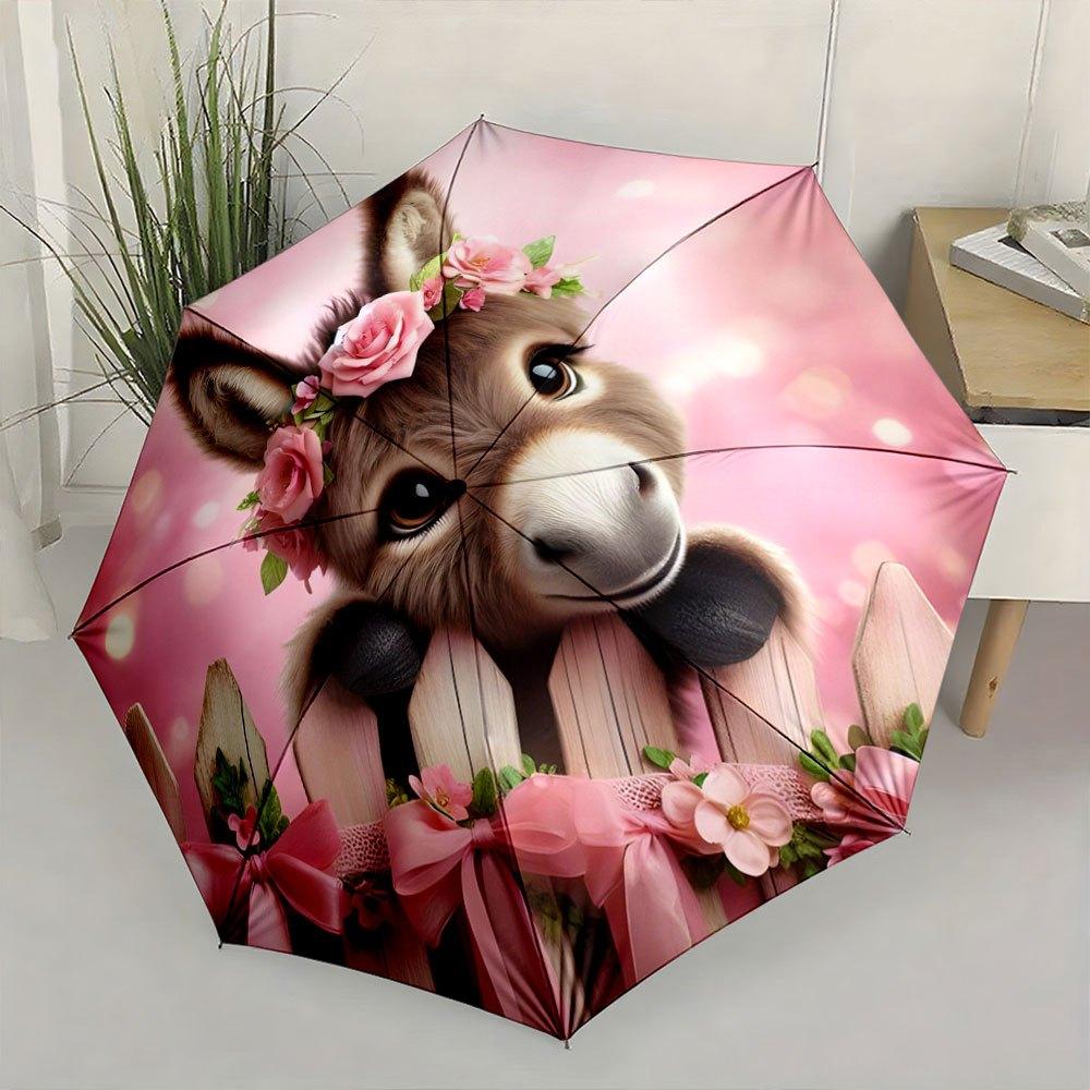Foldable Umbrella with Smiling Donkey & Pink Rose Crown Design - Automatic Open, 8-Rib Durable Frame, Compact Travel & Backpac