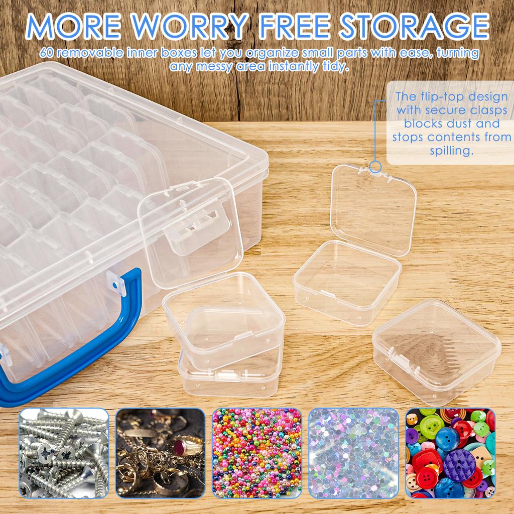 Bead Organizer Box Transparent Jewelry Beads Container Plastic Storage Containers with 60 Small Box for Button Rhinestone
