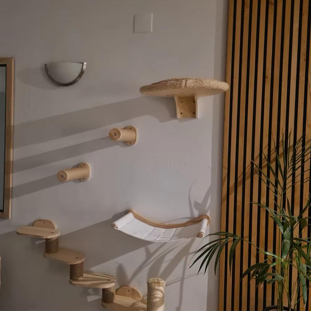 Wandmontiertes Möbelstück Katzen-Aktivitätszentrum Holz-Sisal-Kratzbaum Kletterer & Brücke mit Seiltreppen für Kätzchen und erwachsene Katzen