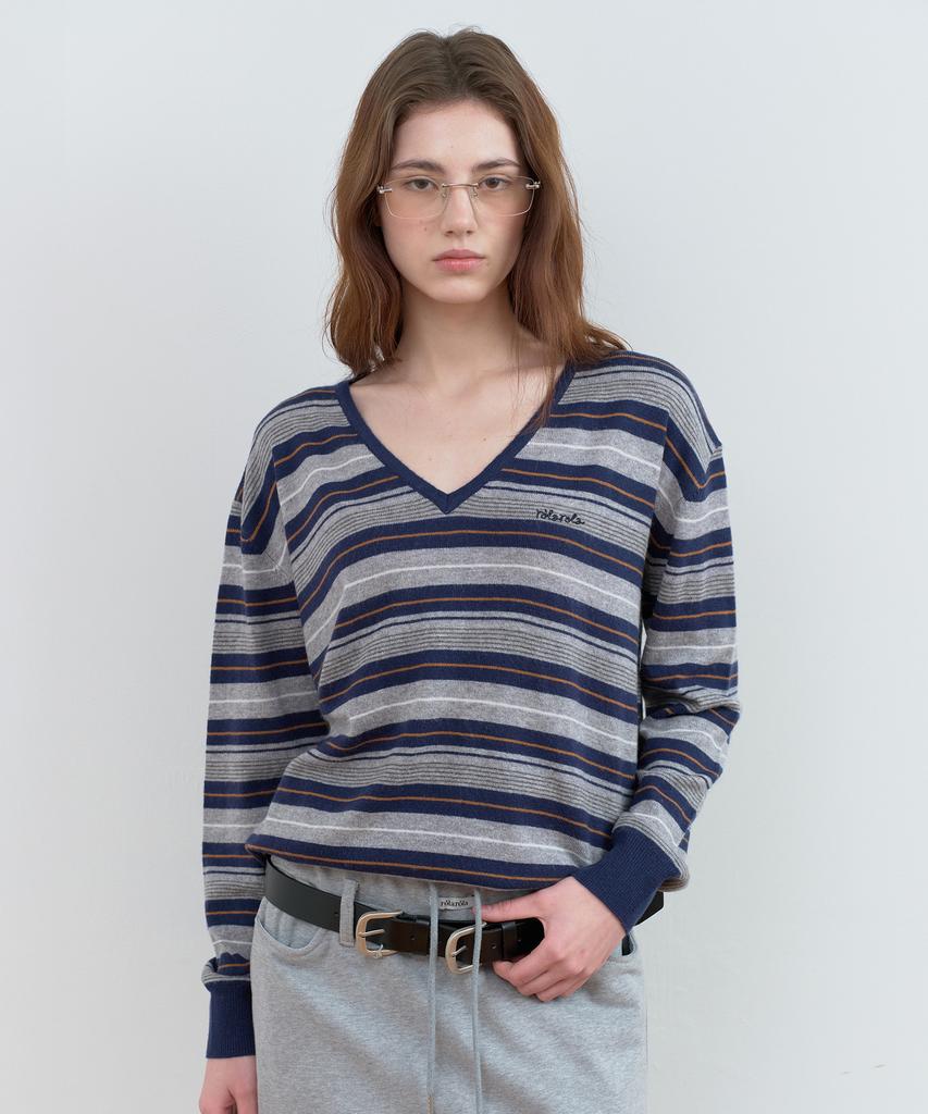 ROLAROLA Stripe V Neck Knit Navy