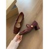 Sheepskin Version ~ New Red Mary Jane Shoes, Shallow Thick Heels, One-line Velcro with Skirts, High Heels, Women's Single Shoes