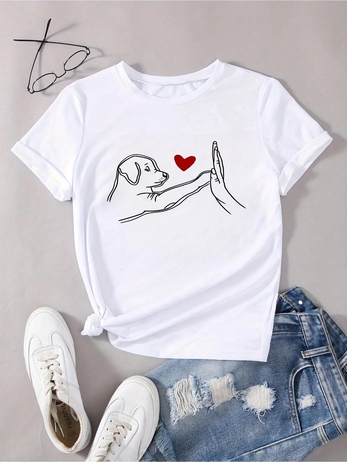 

Womens Casual ShortSleeve TShirt with Dog HighFive and Heart Print Round Neck Tee for Everyday Wear 4XL