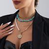 European and American Bohemian geometric imitation pearl beaded necklace creative turquoise mixed and matched metal chain necklace set