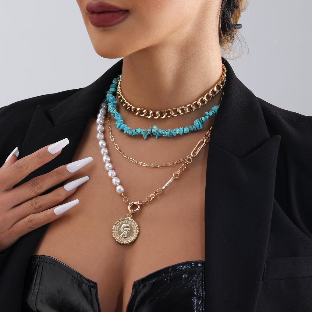 European and American Bohemian geometric imitation pearl beaded necklace creative turquoise mixed and matched metal chain necklace set