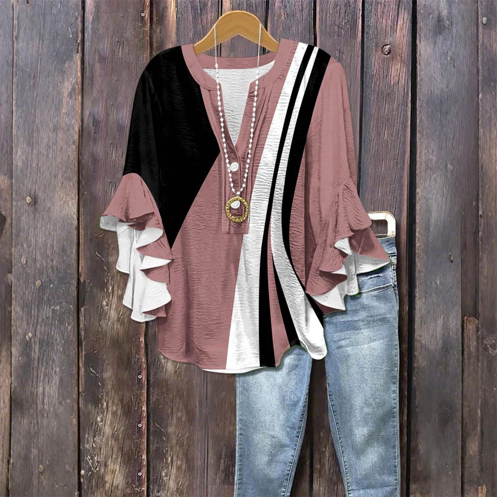 Women's Fashion Casual Button V-Neck Seven Sleeve Vintage Printed Shirt Top