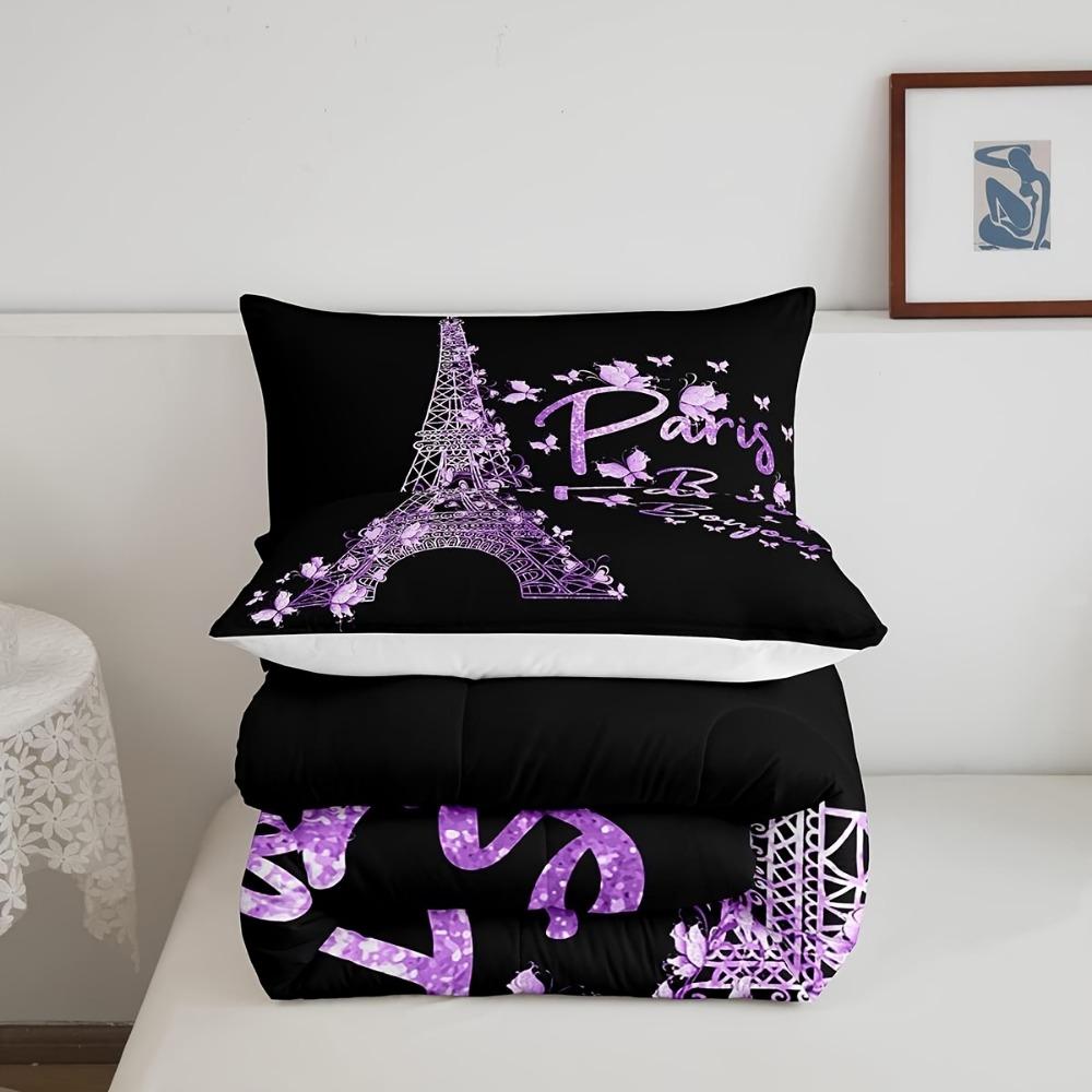 Black Purple Bedding Set Paris Eiffel Tower Print Cozy Duvet Cover Set King Queen Twin Single Size Birthday Gift Bedroom Decor