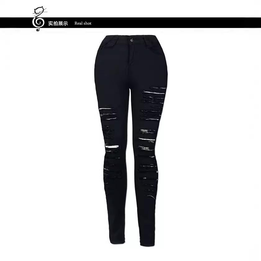 

Fashion European and American personality beggar worn full strip torn slim elastic high waist denim pants 3XL чорний