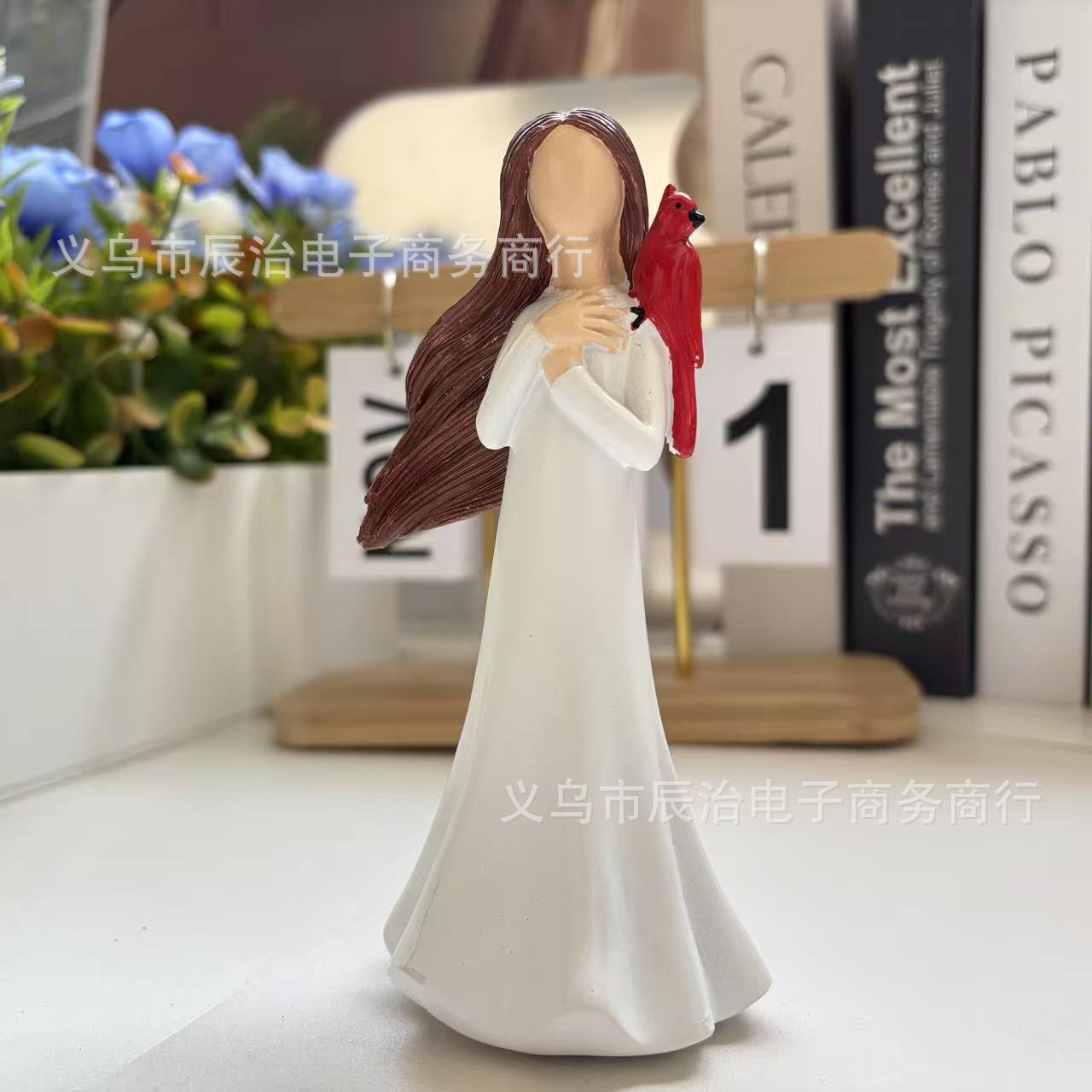 

New resin figure statue ornament red bird standing on girl s shoulder home decoration ornament