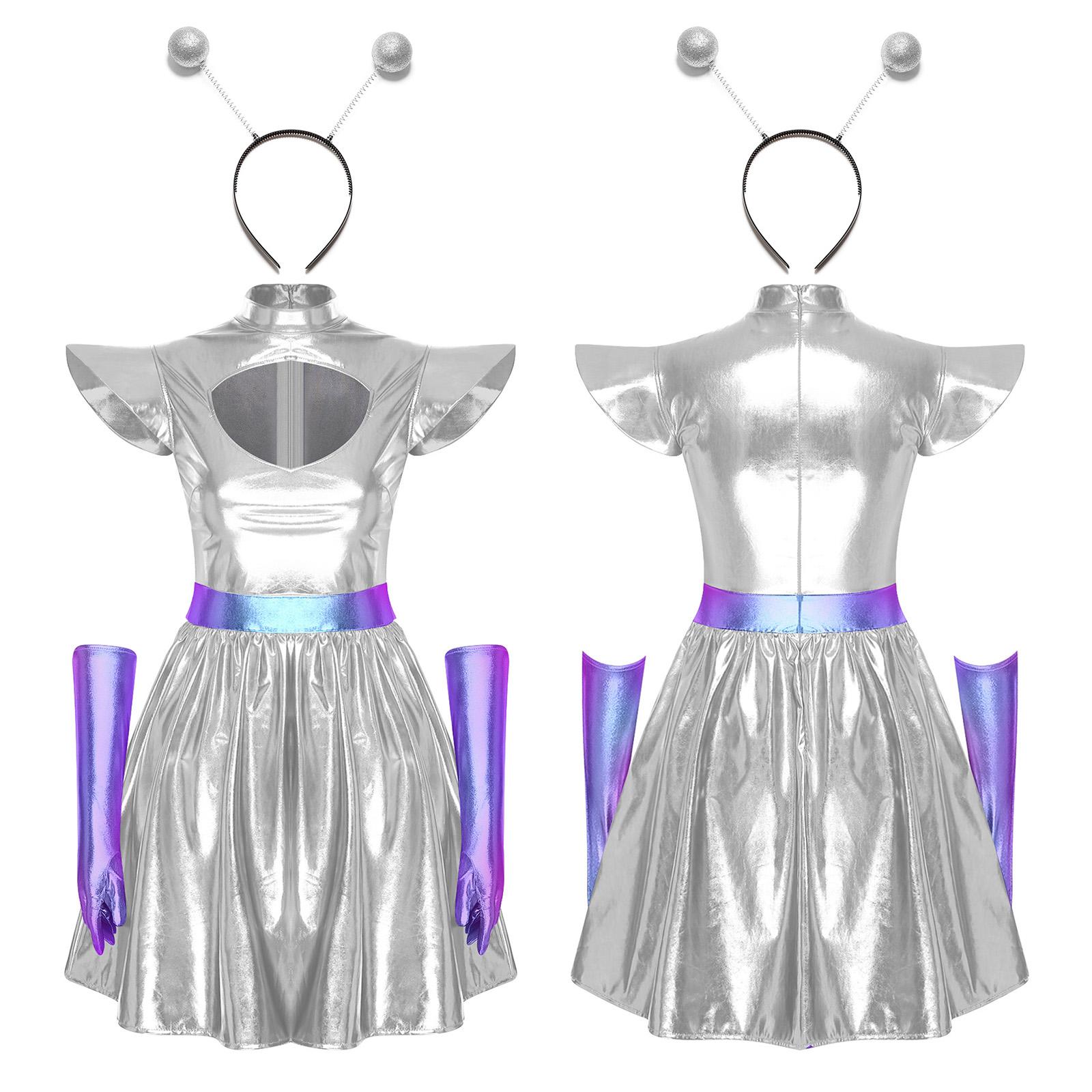 Volwassen Dames Zilver Astronauten Kostuum Buitenaards Tutu Jurk Pak Ruimte Kadet Leotards Jurk voor Halloween Cosplay Themafeest Verkleed S