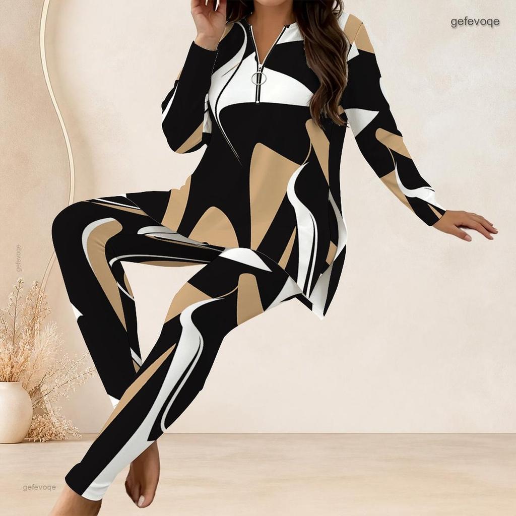 Women Plus Size Blue Green Printed Long Sleeve Front Zip Longline Top And Fitted Pants Two Piece Set