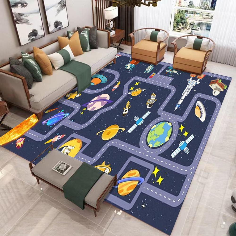 Kids Crawling Mat Space Area Rug Solar System Road Carpet with Rockets & Planet Non Slip Washable Floormat for Bedroom Nursery