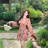 New Collar Floral Sweet Pleated Waist Lantern Sleeves Waist Top Skirt Seaside Vacation Suit Women