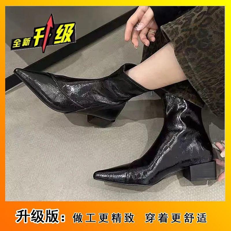 French retro high-end fashion short boots winter versatile temperament thin boots pointed thick heel short boots