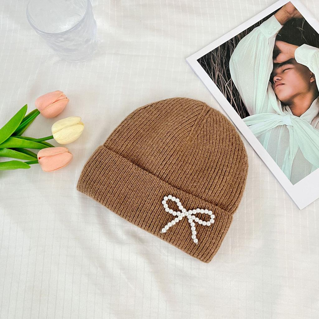 Korean Pearl Bow Wool Hat for Women Plus Velvet Thickened Warm Knitted Hat Letter Labeled Same Style for Men and Women