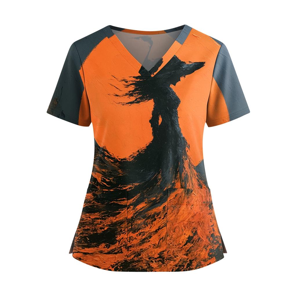 Womens V Neck Casual Halloween Print Top Short Sleeve Medical Scrub Shirt with Pockets Lightweight Comfortable Fit