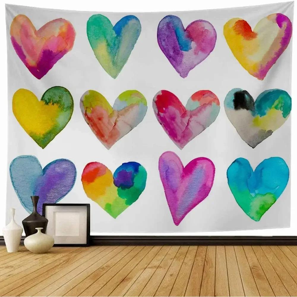Colorful Watercolor Heart Pattern Tapestry Office Living Room Decoration Home Wall Tapestry