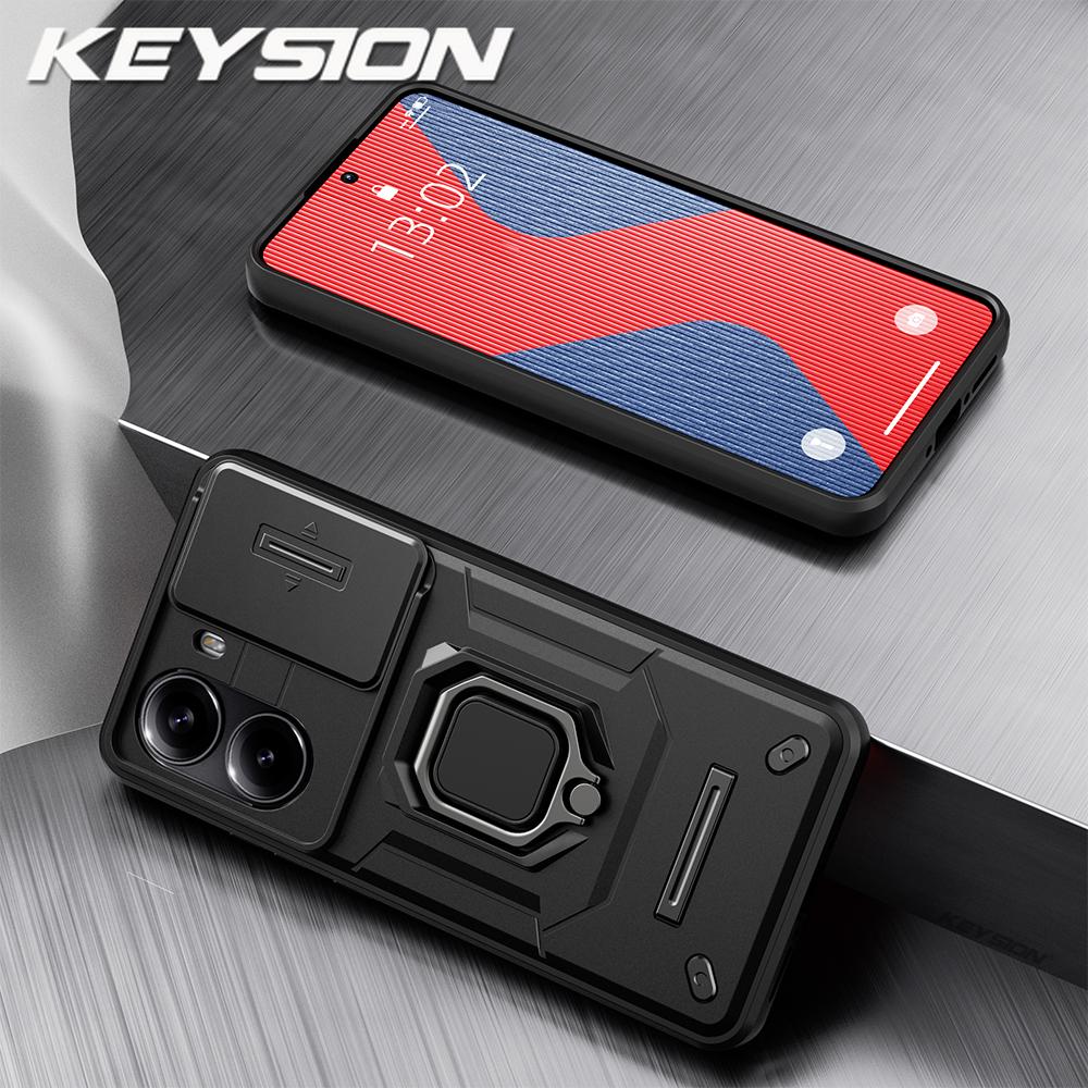 KEYSION Shockproof Armor Case for Xiaomi POCO X7 Pro Slide Camera Lens Protection Ring Stand Phone Back Cover for Redmi Turbo 4
