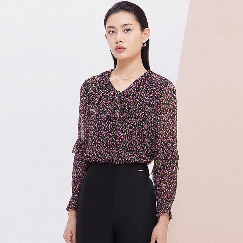 JESSIE Women s Floral Print Ruffle Collar Silk Blouse XL