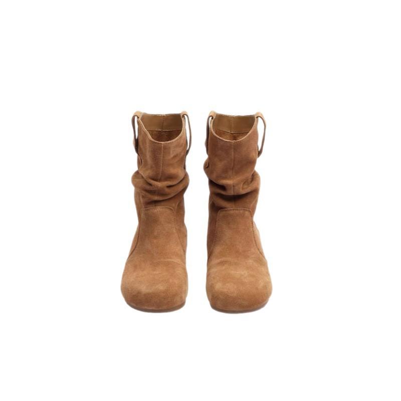 Retro round head versatile lazy wind sleeve stacking boots 2025 new temperament thin flat bottom western boots cowboy boots
