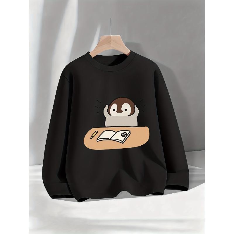 Kids Print Sweatshirt Autumn Round-Neck Long-Sleeve Featuring a Cute Penguin Learning Design, Perfect for Comfortable Casual Wear