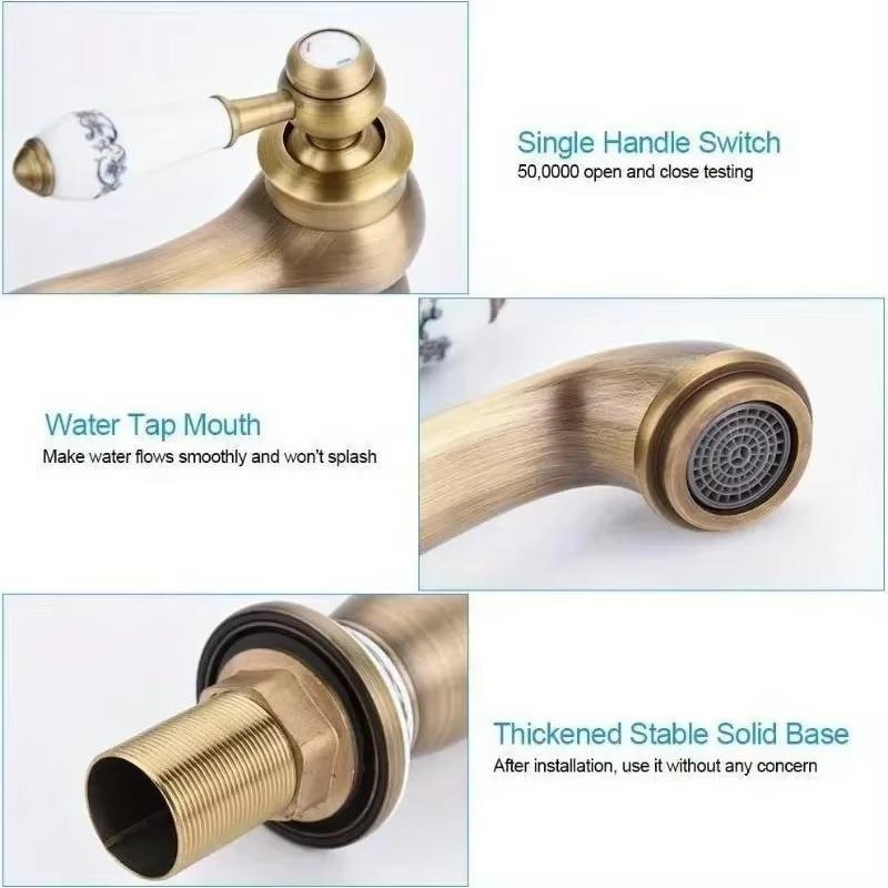 Vintage Antique Brass Faucet Blue and White Porcelain Long Neck Mixer Tap Bathroom/Kitchen Cold Hot Water Basin Sink Accessories