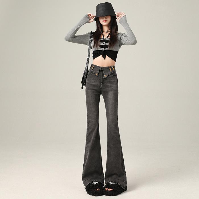 American retro flanged Spice Girl Jeans Women's Spring and Autumn Low Waist Tall Slim Skinny Flared Floor-mopping Pants