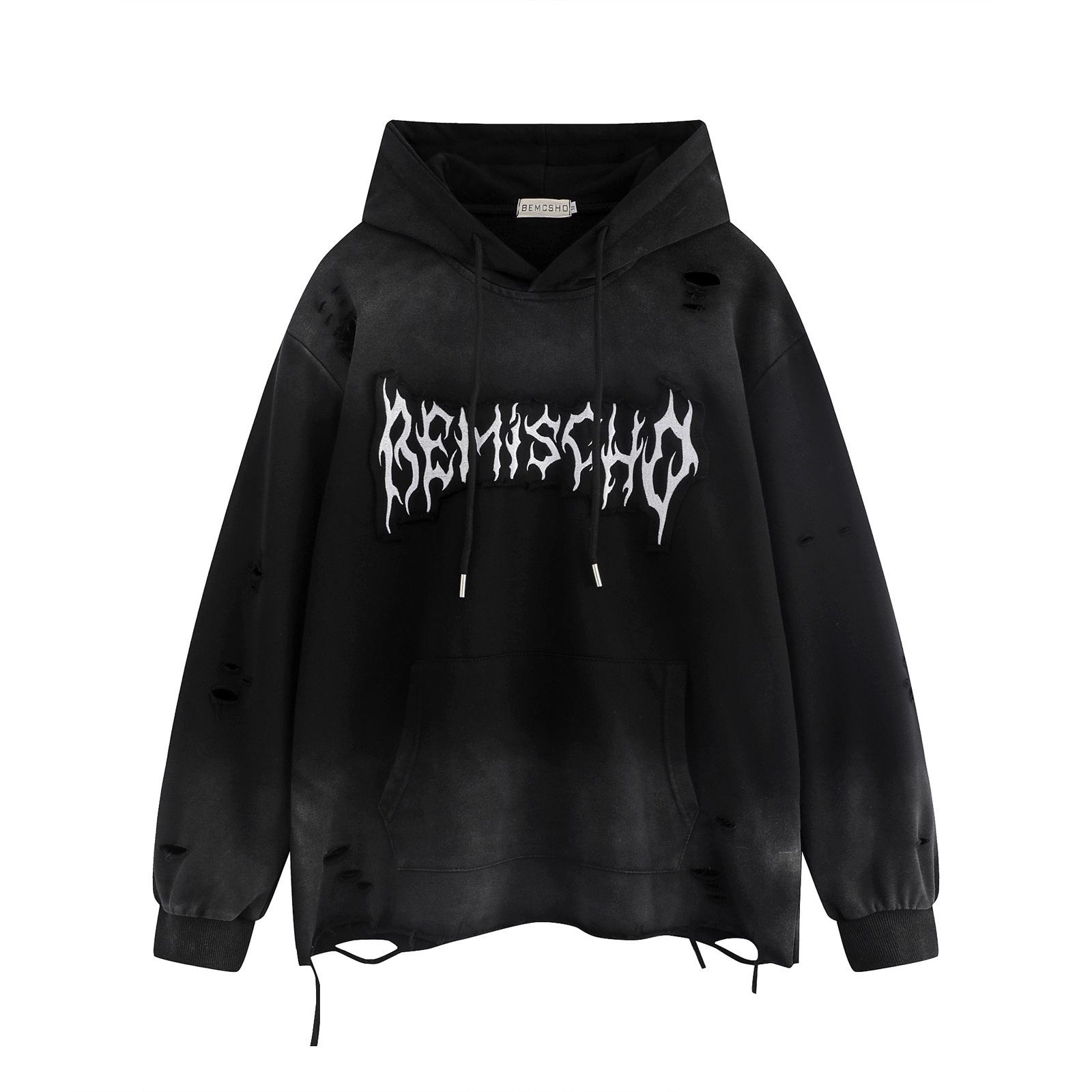 Унисекс Модный Худи с Заплатками, Вышивкой и Разрывами - Осень/Зима 2024 Свободный Крой Medium