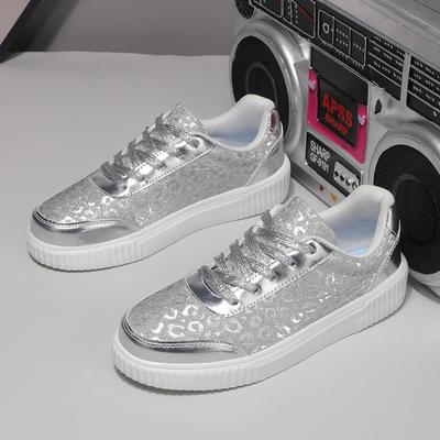 Chaussures de Sport à Paillettes pour Femmes Argent Or Cuir Chaussures de Skateboard Semelle Épaisse Baskets Décontractées Chaussure de Marche Extérieure de Luxe pour Femmes