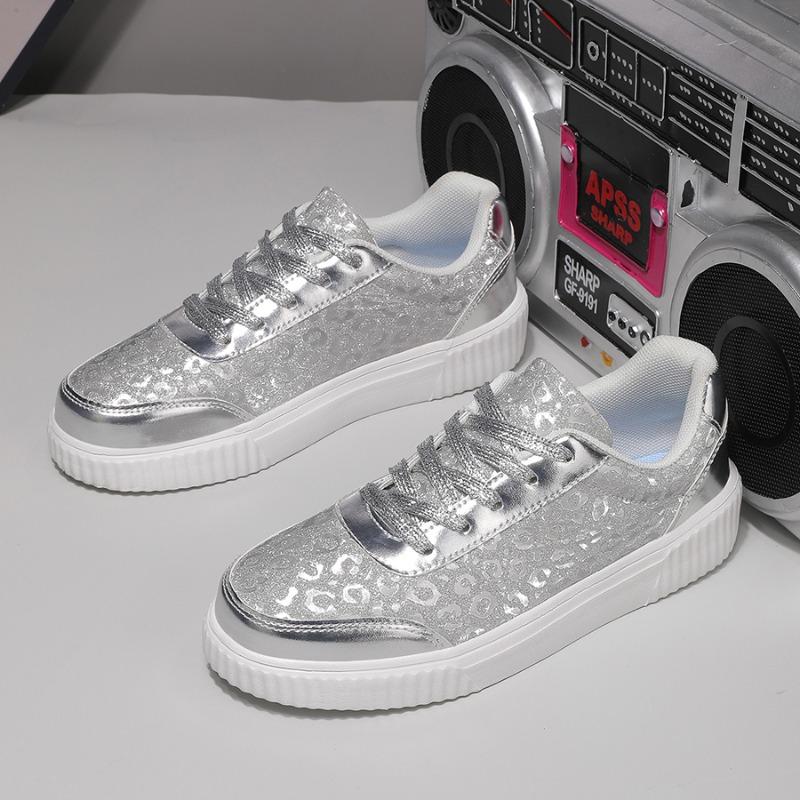 Fashion Women Glitter Sports Shoes Silver Gold Leather Skateboard Shoes Thick Sole Casual Sneakers Female Luxury Outdoor Walking Shoe