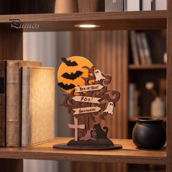 Stable Wooden Desktop Ornaments Halloween Moon Bat Ghost And Dead Tree Tabletop Ornament, Reusable Holiday Wood Crafts Decorative Table Centerpiece