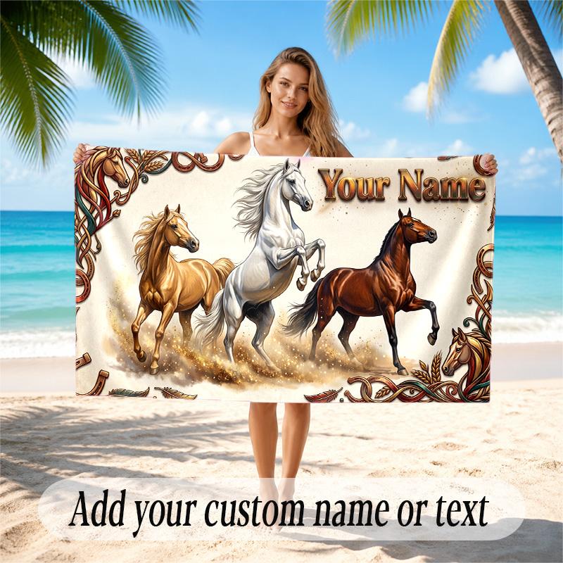 Horse Theme Quick Dry Beach Towel Custom Name Text Print Large Sand Resistant Towel Beach Vacation