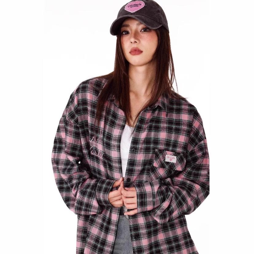 Women's Retro Pink Plaid Long-Sleeve Shirt - Trendy Autumn/Winter Design