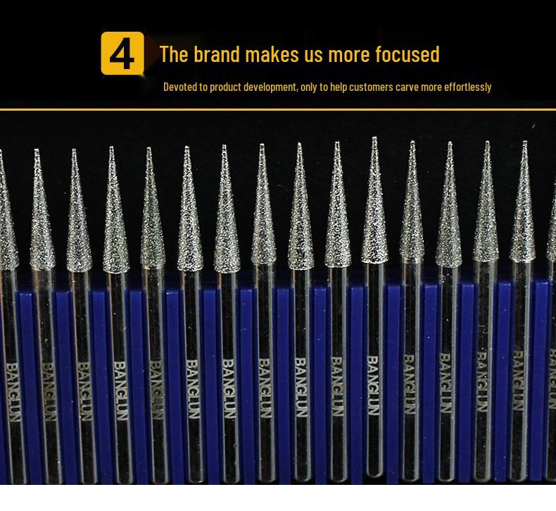 Banglun Diamond 3mm Alloy Grinding Head Set: Jade Carving, Cylindrical, Conical, Ball Needles