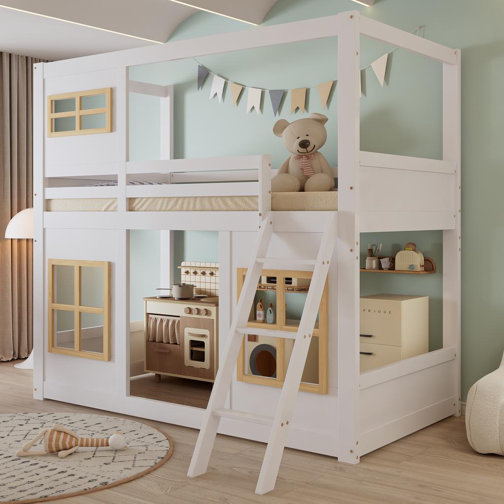 Bunk Bed, Children's Bed, With Beautiful Windows, Sturdy Ladder, With Four-Sided Fencing, Pine + MDF + Plywood, White+Natural, 90x200cm