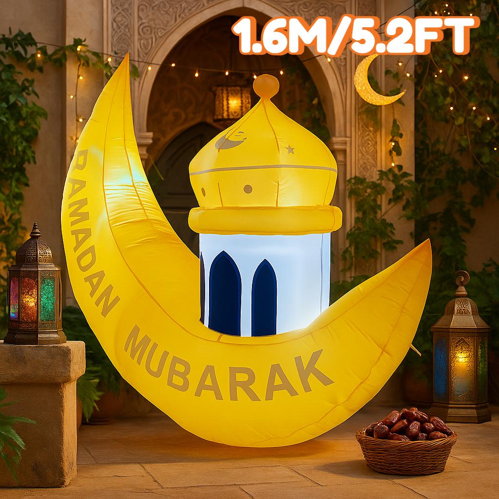 5.2FT Inflatable Yellow Crescent Mosque Decor Islamic Holiday Yard Garden Lantern Themed Decor Ramadan Inflatable For Yard