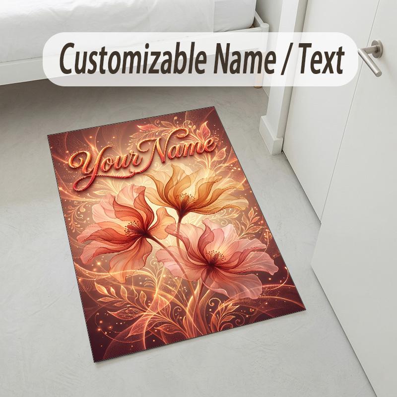 Floral Garden Theme Crystal Velvet Rug Personalized Custom Name Text Soft Floor Mat Home Decor