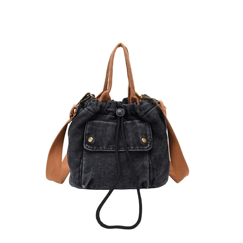 

New Korean Style Crossbody Bags Fashiable and Versatile Denim Bucket Bag with Drawstring Casual and Simple Shoulder Bag чёрный