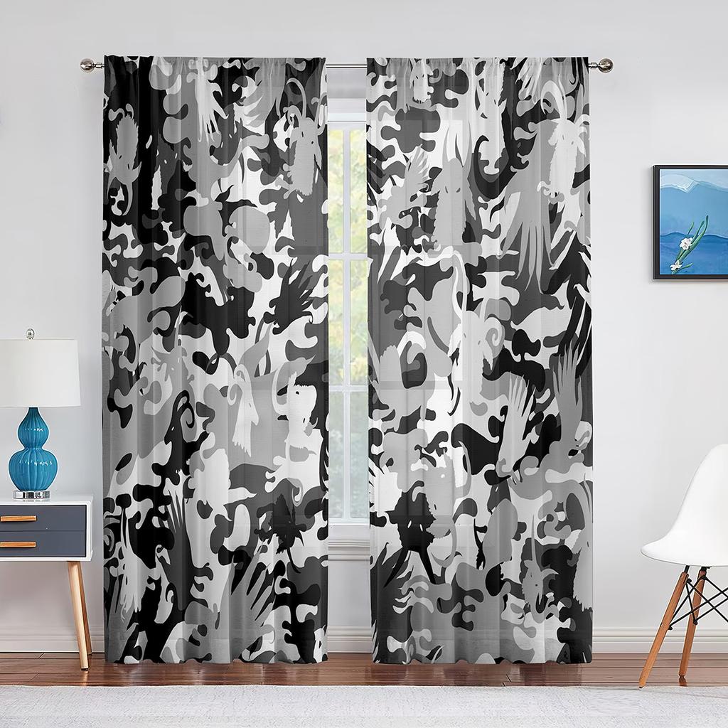 Wojskowy zielony kamuflaż leśny kamuflaż brązowy tiulowe zasłony do salonu kuchnia sypialnia prześwitujące zasłony okienne