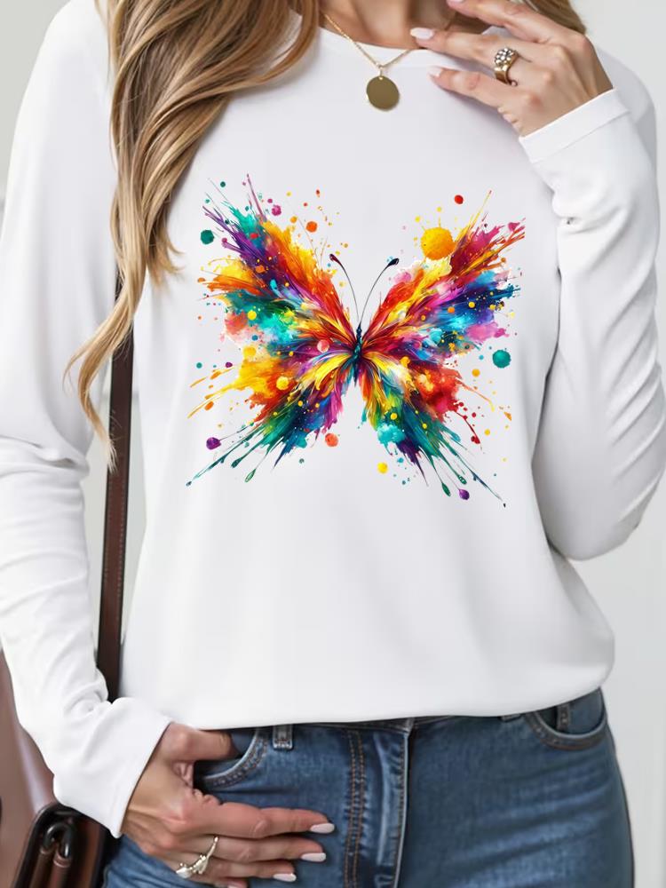 (Asian Size) Sweet Butterfly Trend Cute T Shirt Tee Lady Printed O-neck Women Female Clothing Casual Fashion Top Long Sleeve Graphic T-shirts