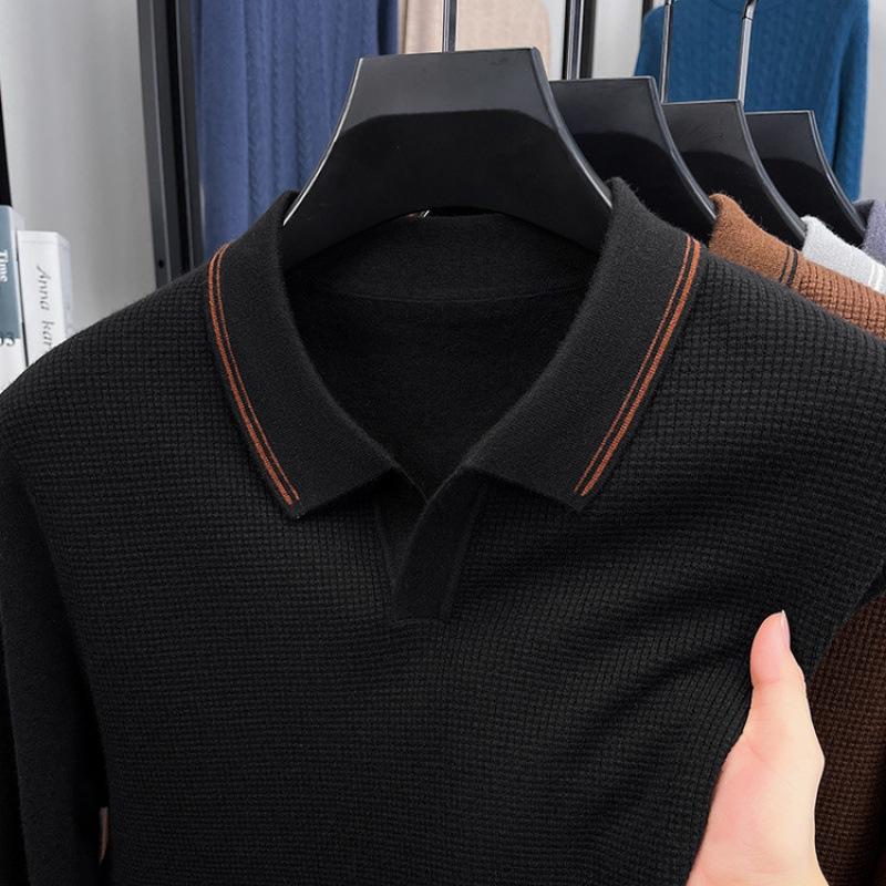 Autumn 2025 Wool Lapel Knit Sweater for Middle-Aged Men - Lightweight Base Layer Shirt