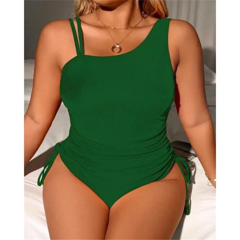 2025 Sexy Einfarbig Träger Plus Size Bademode Damen Push Up Ausgeschnitten Groß Einteiliger Badeanzug Strand Dame Mollig Kurvig Badeanzug