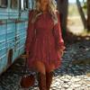 Women's Retro V-Neck Long Sleeve Floral A-Line Short Dress with Fitted Waist